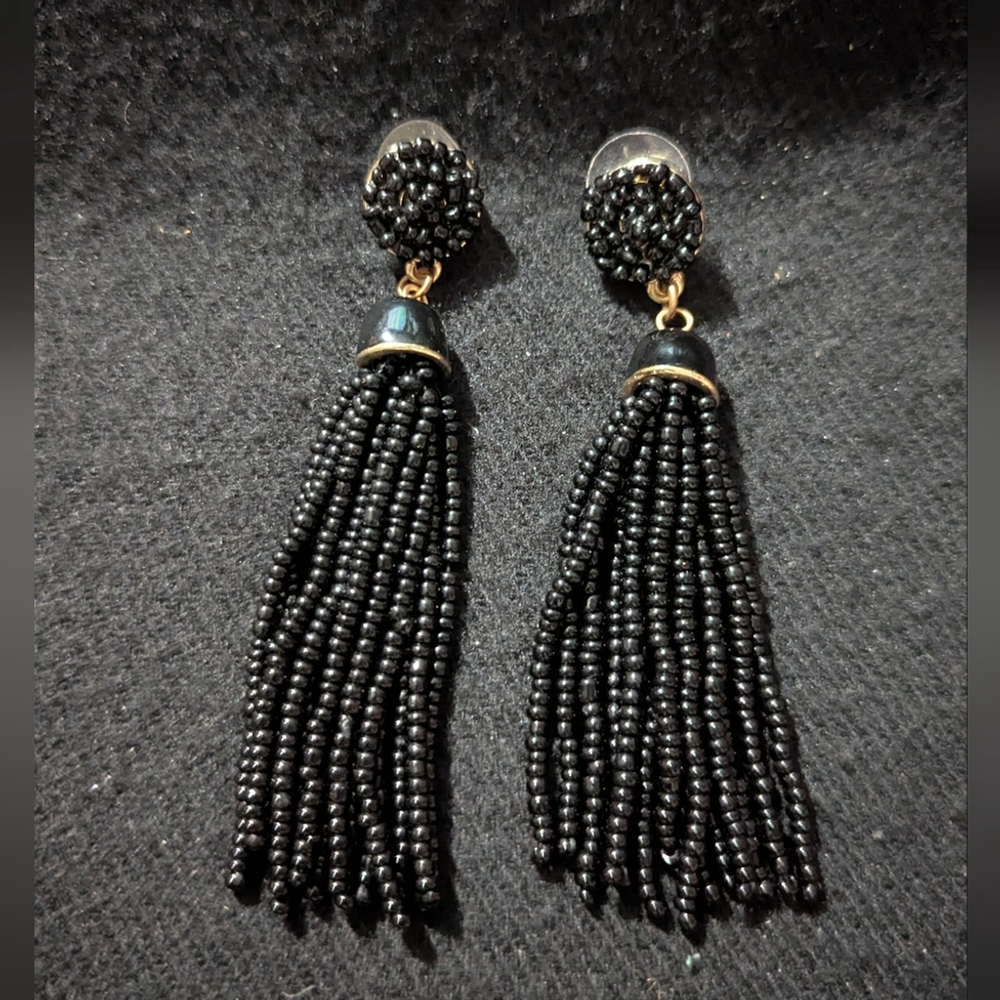 Gold Tone Black Beaded Tassel Statement Earrings